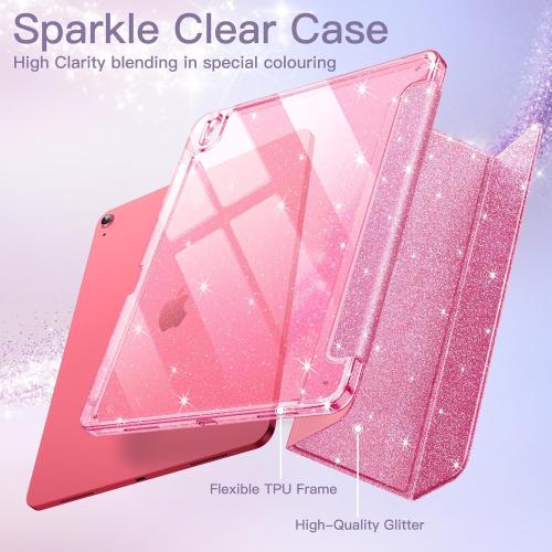 JETech Glitter Case for iPad (A16) 11th/10th Generation (2025/2022) with Pencil Holder, Cute Sparkly Slim Cover for Kids and Girls, Shiny Clear Back Shell (Pink)