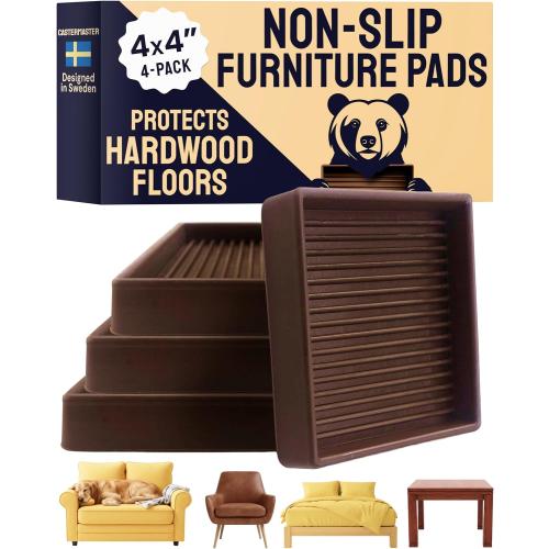 CasterMaster Non-Slip Furniture Pads for Hardwood Floors - 4 x 4 Brown Pack of 4 - Anti-Skid Rubber Caster Cups - Table Leg Protectors & Rubber Feet for Chairs