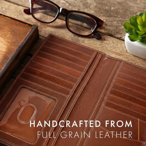 ELIZO Men's Genuine Leather Long Wallet - RFID Blocking Rodeo Checkbook Wallet | Western Bifold Wallet with 16 Card Slots, ID Window | Top Grain Leather Cowboy Wallet | Tequila