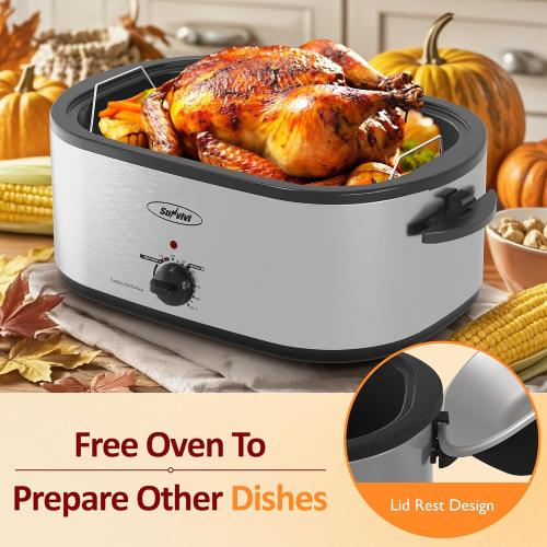 Sunvivi Electric Roaster,28 Quart Roasting Oven with Self-Basting Lid Removable Pan,Turkey Roaster Oven with 150 to 450F Temperature Control Cool-Touch Handles, Sliver. No warranty