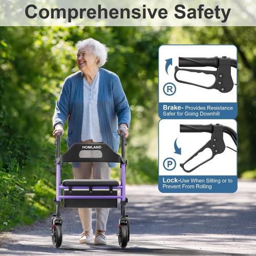 HOMLAND Foldable Rollator Walker with Seat for Seniors, 16 Enlarged Seat | 8 Big Wheels, 16×12x1.9 Thick Padded Seat, Adjustable Seat & Handle Height, Tool-Free Assembly, All Terrain Mobility Aid
