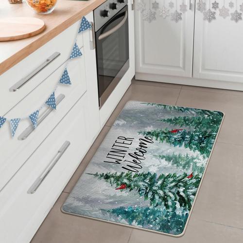 Winter Welcome Decorative Front Door Mat, Farmhouse Pine Tree Cardinal Red Bird Doormat Indoor Outdoor Non-Slip Floor Entryway Rug, Snowflake Forest Christmas Home Kitchen Decoration 17x29