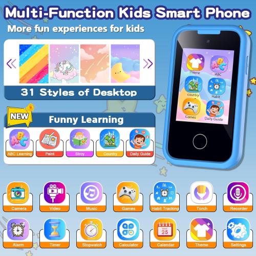 Kids Phone Toys for Boys, 3 4 5 6 7 8 Year Old Boys Girls Christmas Birthday Gifts for Kids, 2.8 Touchscreen Smartphone Toddler Cell Phone, Children Play Toy Phone with Camera, Game, Music, 8GB Card