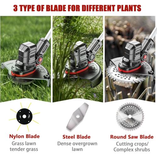 10400mAh Electric Weed Wacker with Wheel, Weed Eater Cordless, Battery Power Display, 4-in-1 Brush Cutter, String Trimmer, Lawn Edger & Mower, Lightweight Weed Wacker with 6 Blade 2 Battery
