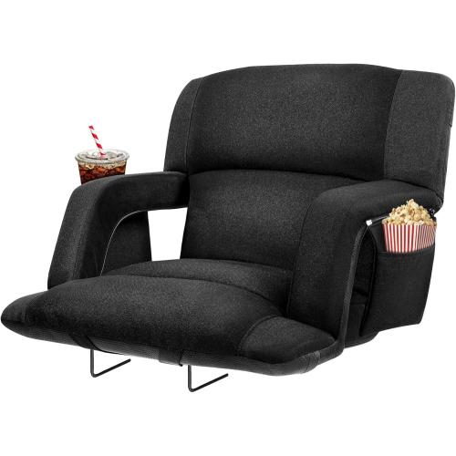 Extra Wide Bleacher Chairs with Back and Cushion Folding Stadium Chairs, Sofa Style Design ，6 Reclining Positions Waterproof Bleacher Seats (1, Black, Wide-26in)