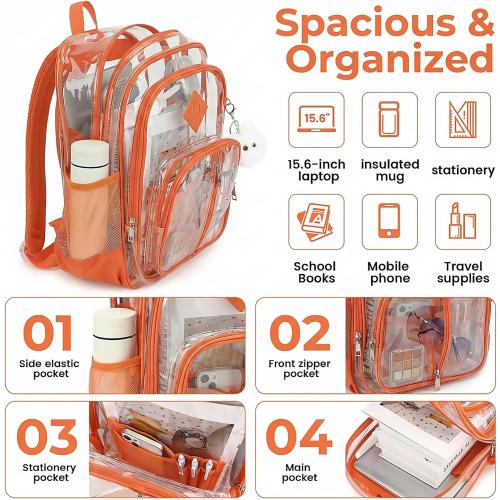 Clear Backpack for School Girls Boys, Heavy Duty Large Transparent See Through Women Bookbags for Travel College Workplace Security Approved - Orange