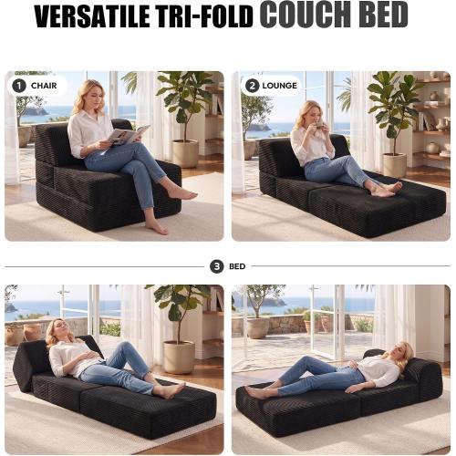 Kasunpul Folding Sofa Bed with Pillow, Memory Foam Fold Out Chair Bed, Convertible Sleeper Chair with Washable Cover, Futon Floor Couch for Living Room/Dorm/Guest Use/Home Office/Apartment, Black New