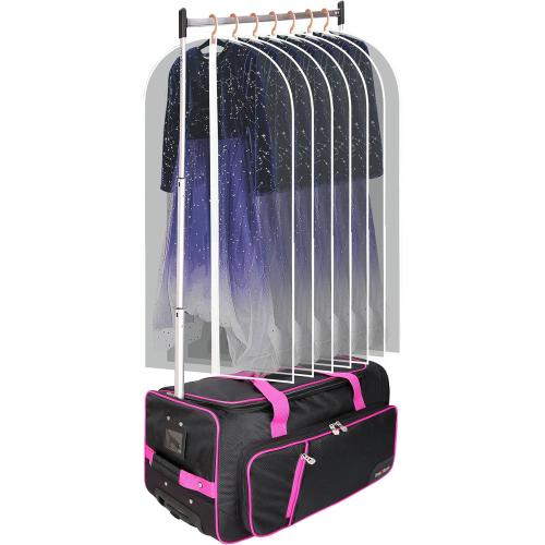 Dance Bag With Garment Rack,23inch Dance Competition Garment Bags with Clothes rack,Suitcase,Rolling duffle For Travel, Wheeled Drop-Bottom Upright Luggage Closet Suitcase (Pink
