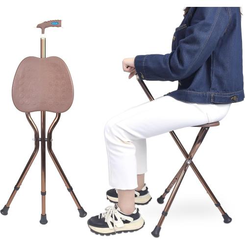 Color Brown UNLICON-Brown Folding Cane Stool with Seat – Lightweight Adjustable Walking Cane for Seniors, Ergonomic Design, 330 lbs Capacity, Portable and Convenient Cane Chair with Anti-Slip Feet