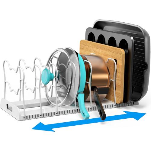 Simple Houseware Expandable Pan Organizer Rack, 10 Adjustable Compartments, White - Kitchen Cabinet Organizer for Pots, Pans, Lids & Bakeware - Pantry & Countertop Storage