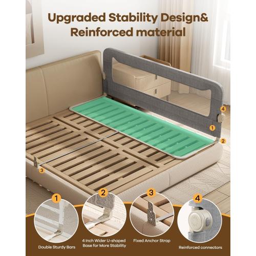 Foldable Bed Rail for Toddlers, 74in Reinforced Carbon Steel Frame&Connectors, Breathable Cationic Fabric - Safety Toddler Bed Rails for Queen, King, Twin, Full, No-Tool Setup.
