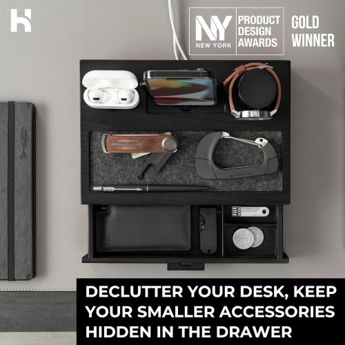 Holme & Hadfield Premium Wooden Phone Docking Station with Drawer – Nightstand Organizer for Charging Phone & Earbuds – Declutter Your Space with Felt-Lined Protection & Watch Pillar – Gift For Men