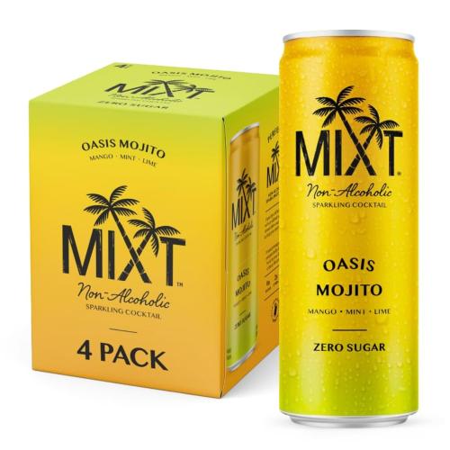 MIXT Premium Sparkling Non-Alcoholic Sparkling Cocktail - Oasis Mojito – Zero Sugar, Ready to Drink, Adaptogens, Nootropics, 2g of carbs or less, Low Calorie, 12oz Cans (Pack of 4)