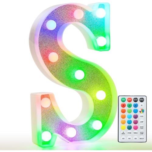 Pooqla Colorful Light Up Letters, Led Marquee Letter Light Sign Battery Powered, 18 Colors Lamp with Remote for Birthday Party Wedding Home Christmas Decoration, Glitter Silver Letter S