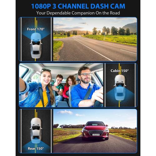 Dash Cam Front and Rear, 1080P Dash Camera for Cars, 3 Channel Car Camera Front Rear and Inside with 32GB Card, Loop Recording, Night Vision, HDR, 24Hr Parking, G-Sensor