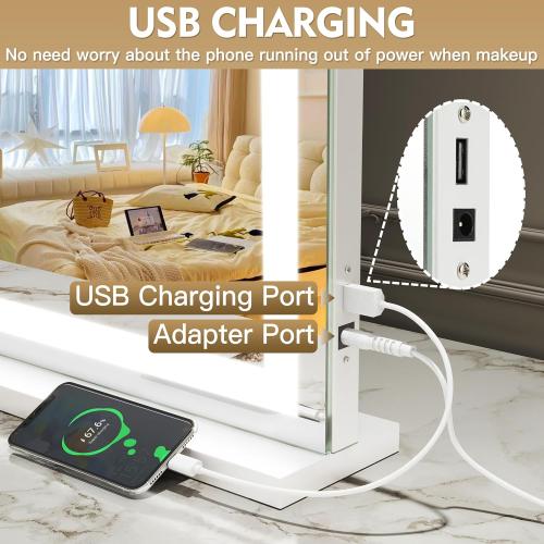 ROLOVE Vanity Mirror with Lights, 32 x 22 Large Lighted Vanity Mirror with Dimmable 3 Modes, LED Makeup Mirror, USB Charging Port, Tabletop or Wall-Mounted Square White