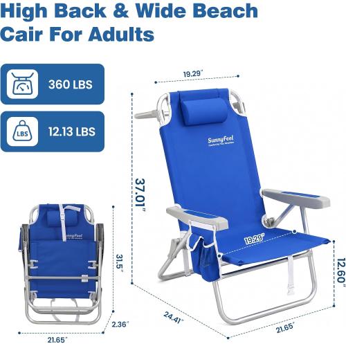 SUNNYFEEL 12.6 High Seat Beach Chair for Adults, High Back 5-Position Lay Flat Reclining Beach Chair with Detachable Cooler Bag, Folding Beach Chair with Cup Holder, Heavy Duty 360 LBS
