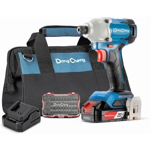 DongCheng Brushless Impact Driver Kit 20V Max, 1600 In.lbs,Cordless 1/4 All-Metal Hex Quick-Change Chuck with 42-Piece Accessory Driver Bits, 2.0Ah Li-ion Battery, Rapid Charger, DCPL03-14
