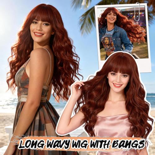 Ginger Orange Wigs with Bangs for Women Long Curly Auburn Wavy Wigs Heat Resistant Synthetic Bangs Wig for Daily Party Use (Ginger Orange, 26 Inches)