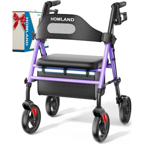 HOMLAND Foldable Rollator Walker with Seat for Seniors, 16 Enlarged Seat | 8 Big Wheels, 16×12x1.9 Thick Padded Seat, Adjustable Seat & Handle Height, Tool-Free Assembly, All Terrain Mobility Aid