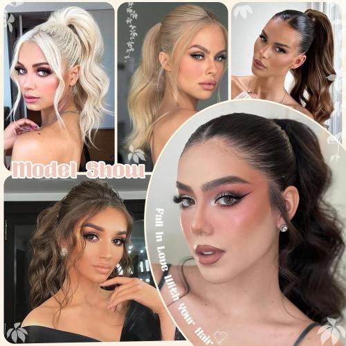 FELENDY Ponytail Extension, 15 Drawstring Ponytail Hair Extensions Wavy Curly Clip in Pony Tails Cute Hairpiece for Daily Use Synthetic Dark Brown