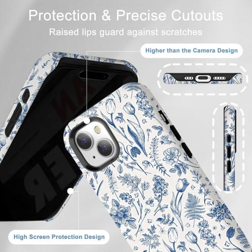 Compatible for iPhone 15 Plus Case Vintage Blue Flowers Florals Cute Aethetic Design for Women Girls [Compatible with Magsafe] Rugge 2-in-1 Layer Shockproof Anti-Scratch Phone Case