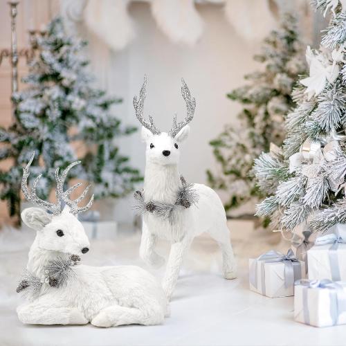 naturevibe 18 Inches Sisal Christmas Reindeer Set of 2,Realistic Woodland Animals Reindeer Figurine with Silver Accent for White Christmas Decorations,Centerpiece Table Decorations or Fireplace Decor