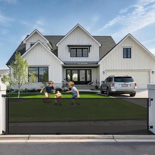 FRUITEAM 120 Wide Outdoor Waterproof Retractable Gate for Dogs & Kids – Ground Stakes, Easy One-Hand Operation, Scratch-Resistant & Tear-Proof Mesh for Indoor/Outdoor Use on Garage, Driveway – Black ‼️has mild stains ‼️