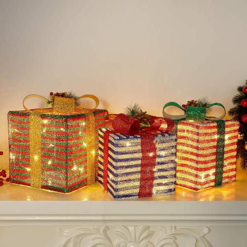 Lulu Home Christmas Lighted Boxes, 60 LED Light Up Collapsible Deocr Indoor Outdoor, Plug in Light Up Christmas Boxes Present Decorations Indoor Outdoor Yard