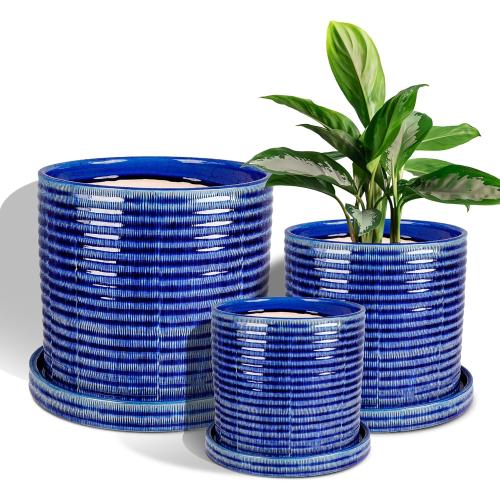 Ceramic Plant Pots, 3 Pack 6 8 10 Inch Indoor/Outdoor Planters with Drainage Hole, Mesh Pad & Saucer Unique Handcrafted Crackle Glaze Ceramic Flower Pots for Home Garden & Indoor Flower Pot Decor-Blue