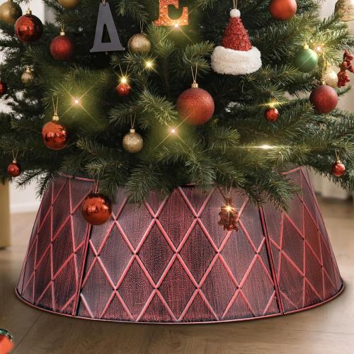 Lanpn Metal Christmas Tree Collar 28 inch, Christmas Tree Ring Collar for Medium Xmas Stand Cover Real Artificial Trees Indoor Outdoor Decoration (Red, Diamond)