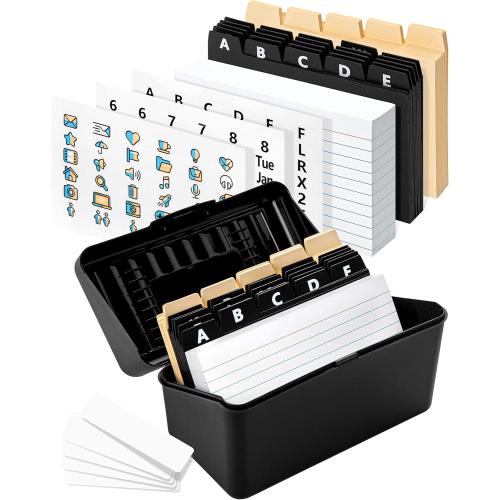 Business Card Organizer 3x5 - Premium Index Card Holder Box for Flashcards, Notecards, Recipes - Recipe Box with Cards & Dividers, Labels, Stickers