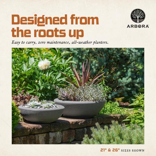 ARBORA 26 Santorini Bowl Polyresin Indoor and Outdoor Planter with Stone Blend Concrete Gray Finish - Durable, Weatherproof, Lightweight, Large Plant Pot for Patio, Garden, Deck, Entryway