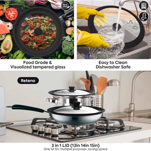 13-14-15in Universal Lid for Pots,Pans,Skillets,Large Replacement Frying Pan Cover,Big Cookware Lids,Tempered Glass with Heat Resistant Silicone Rim,Knob, BPA Free,Dishwasher Safe