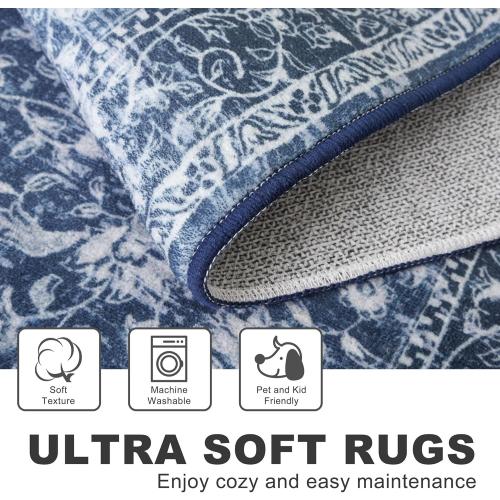 KILOCOCO Area Rug 8x10 Living Room Rug Washable Printed Vintage Floral Non Slip Soft Rubber Backed Indoor Bedroom Rugs for Laundry Room Kitchen Playroom Moroccan Area Rugs, Blue