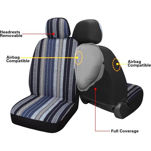Pariitadin Baja Saddle Blanket Car Seat Covers Front Set with Seat Belt Pads, Washable Breathable Striped Woven Cloth Seat Covers for Cars, Universal Fit Most Cars, Airbag Compatible, Blue