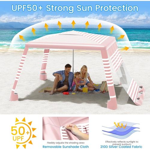 MoKo Beach Cabana, 8'×8' Large Beach Canopy with Side Wall, UPF 50  Protection Easy Setup Beach Tent Sun Shelter, Adjustable Height Wind Resistant Cabana Beach Tent for Whole Family, Pink Stripe
