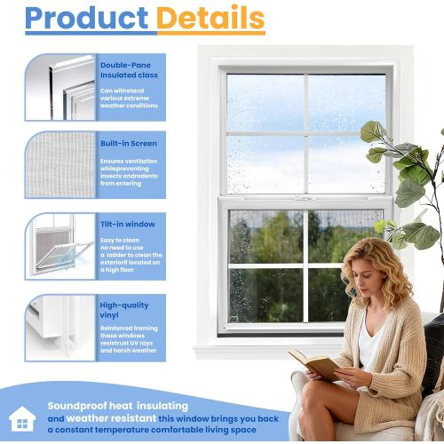 Vinyl Single Hung Window, 18 x 27 Household Sliding Window with Double-Pane Insulated Tempered Glass, Lower Tilt Sash Screen Included Window for House, Mobile Home (White)
