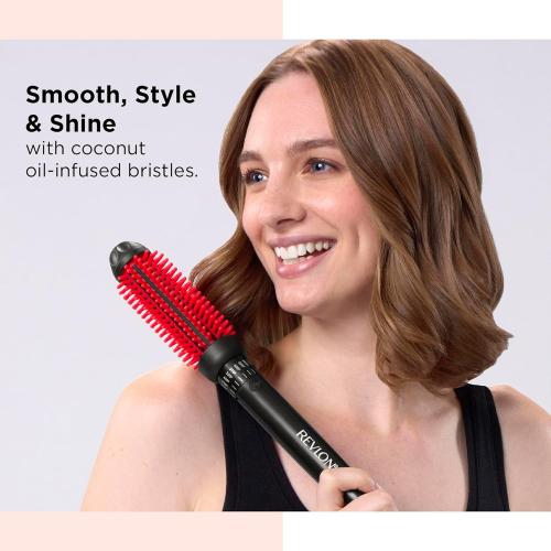 REVLON New and Improved SmoothStay Coconut Oil-Infused Heated Hair Styling Brush | 1” Barrel for Voluminous, Shiny Results (Black/Red)