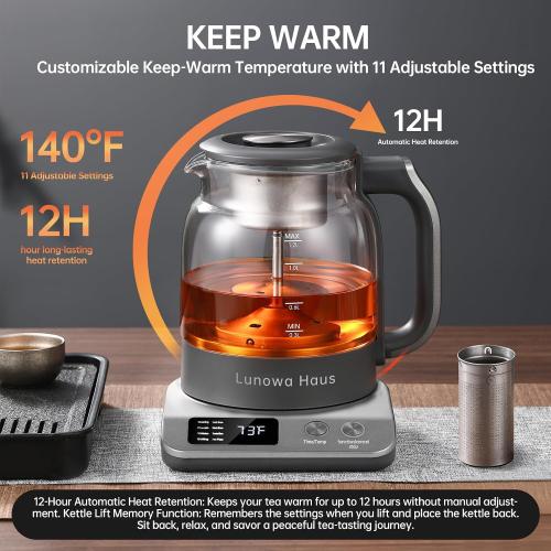 120V Titanium & Glass Electric Tea Kettle, Pro Steam Extraction for All Teas (Green, Black, Oolong), 11 Temp & 10 Strength Levels, 1.2L, 12H Keep Warm, BPA-Free, 1 Infusers