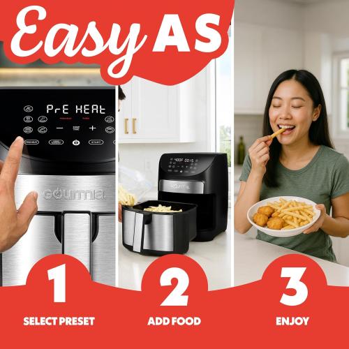 Gourmia Air Fryer - 7 Qt Large Capacity, FryForce360º, Digital Display with 10 Presets, Roast, Bake, Broil, Dehydrate, Dishwasher Safe Accessories, Black