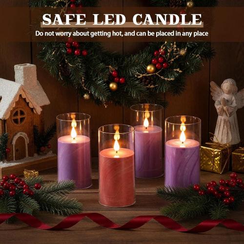BBTO Christmas Flameless Advent Candles Set of 4, LED Advent Pillar Candles Battery Operated Purple Pink Acrylic Flameless Votive for Seasonal Celebration Rituals Festival Church Decor(3 x 5 Inches)
