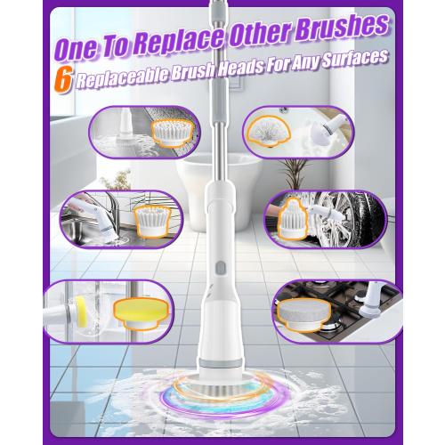 Electric Spin Scrubber, Cordless Shower Scrubber Rotary Floor Brushes & Pad Drivers with 6 Brush Heads - 2H Dual Speed, IPX7 Waterproof Extension Handle for Bathroom Tile Car Cleaning (White)