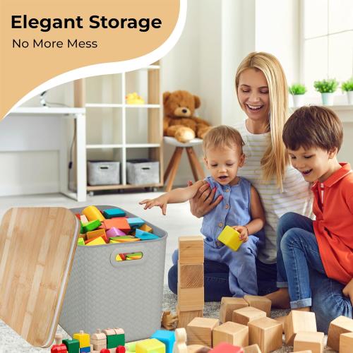 Set of 4 Color Cream Storage Bins with Bamboo Lid – Stackable, Multi-Purpose Organizers for Pantry, Closet, Kitchen, and Home – Elegant Wicker-Style Design with Ergonomic Handles (Cream)