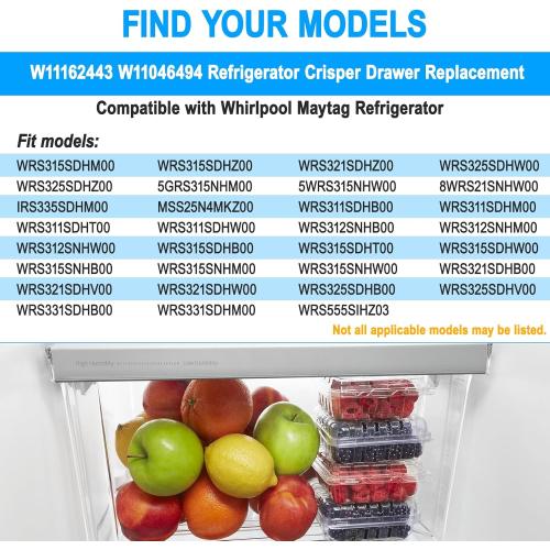 UPGRADED W11162443 Refrigerator Crisper Drawer Compatible with Whirlpool Crisper Drawer W11046494 Whirlpool Fridge Drawer W10899435 Maytag Refrigerator Drawer WRS325SDHZ WRS315SDHZ WRS315SDHM Drawer