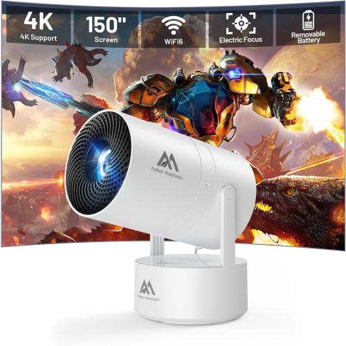 Color White [Built-in Battery] Mini Projector with Wifi and Bluetooth, Rechargeable Portable Outdoor Smart Projector with Support 4K Decoding, Electric Focus Home Theater for Phone, White
