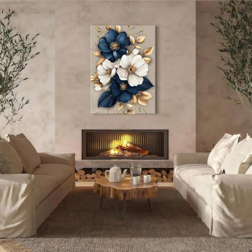 Modern Floral Canvas Wall Art Blue White Gold Flowers Wall Decor Pictures Flower Market Poster Prints for Living Room Bedroom Office Home Decoration 16x24in Ready to Hang