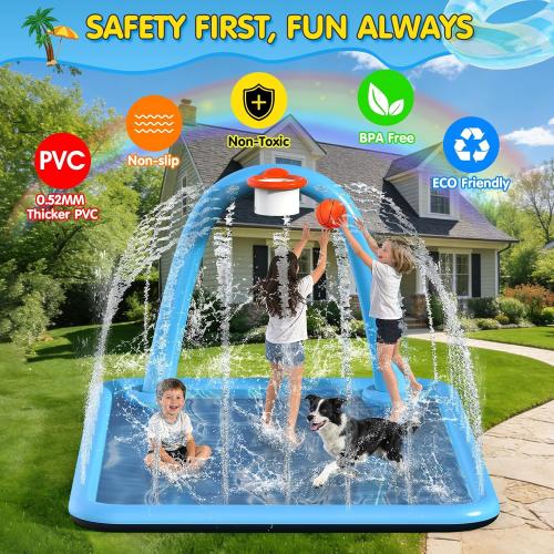 Instraella Splash Pad, 110x91'' 2-in-1 Large Sprinkler Mat with Basketball Hoop and Arch for Kids Outdoor Play, Shoot Game for Backyard, Inflatable Water Outdoor Toys More Fun for Boys and Girls