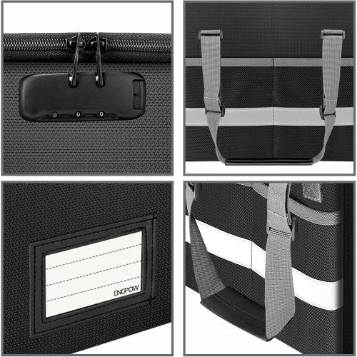 ENGPOW File Box with Lock,Fireproof Document Box with Zipper＆Pockets,Collapsible File Organizer Filing Storage Cabinet with Handle,Portable Home Office Safe for Hanging Letter/Legal Folder,Black