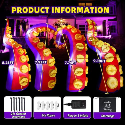 Max Fun 4pcs Halloween Inflatables Octopus Tentacles Outdoors Decorations with LED Lights Built-in Blow Up Yard Decoration for Outdoor Garden Lawn (8FT- Halloween Inflatables Octopus Tentacle)